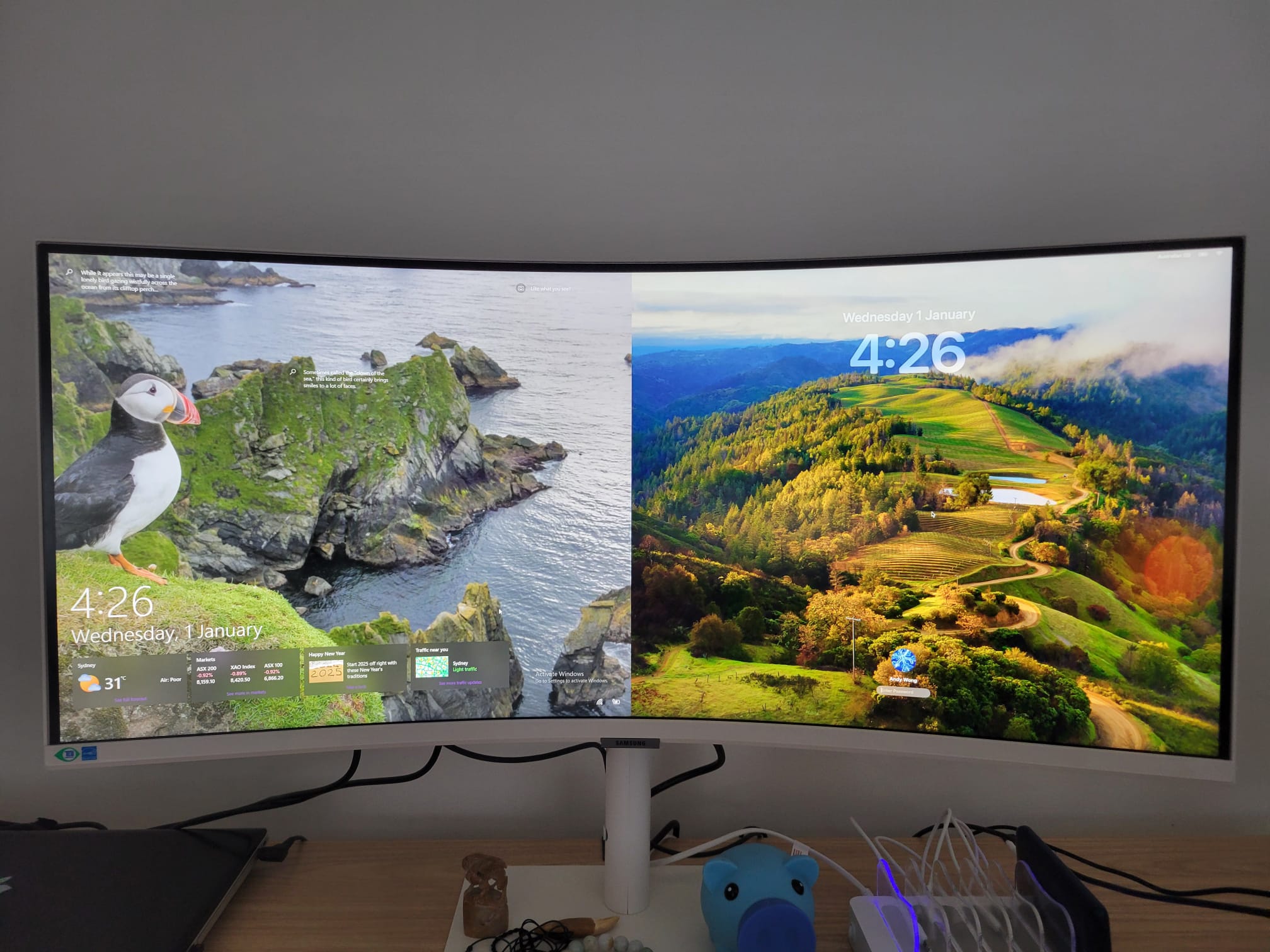 Close up view of split screen between Windows 10 and Mac Sanoma OS Close up view of split screen between Windows 10 and Mac Sanoma OS